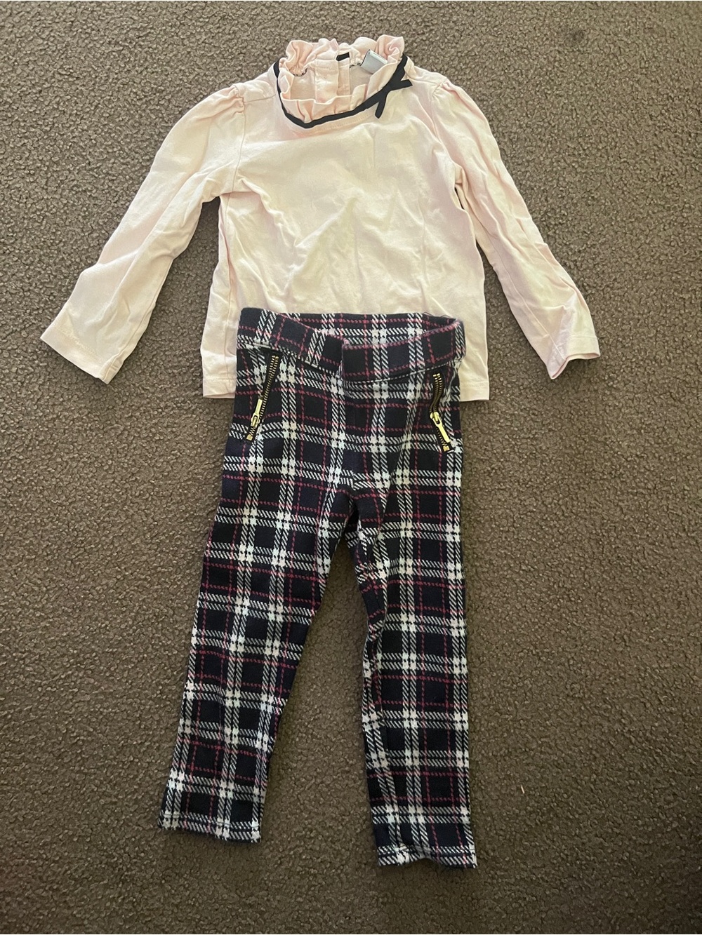 Janie and Jack Pink Ruffle Neck Top with Navy trim and matching Plaid Leggings